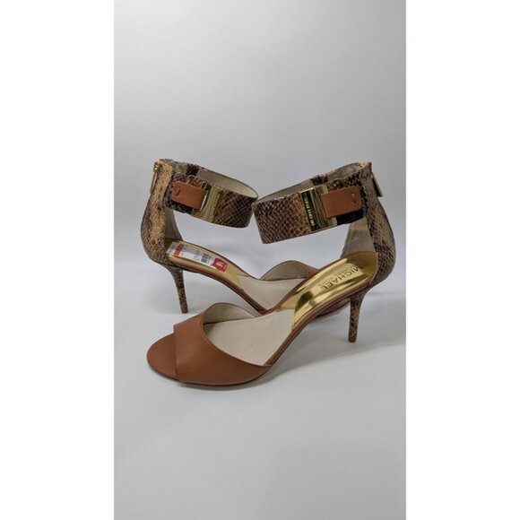 Michael Kors Sand Guiliana Open Toe Embossed Leather Heels - Picture 1 of 4